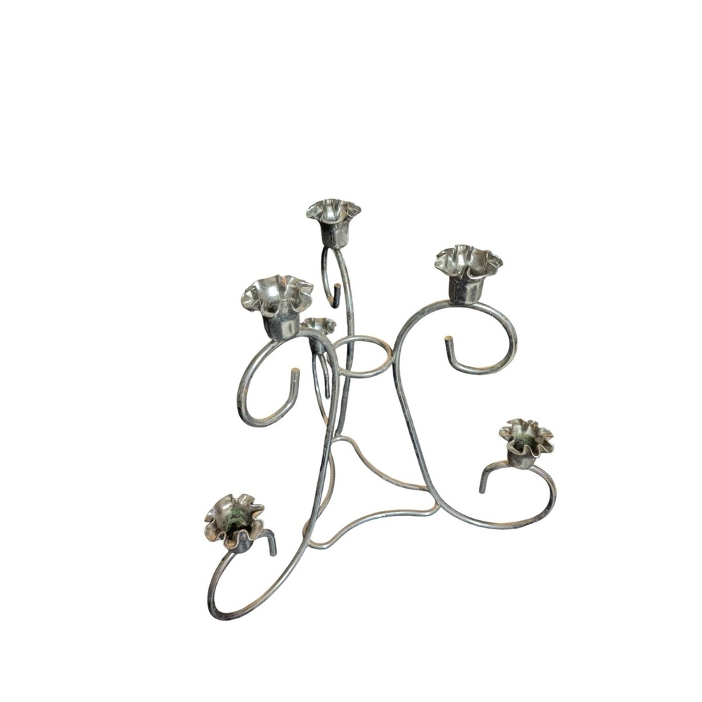 Vintage Silverplate 5 Arm Candelabra Wire Floral Candle Holder Centerpiece